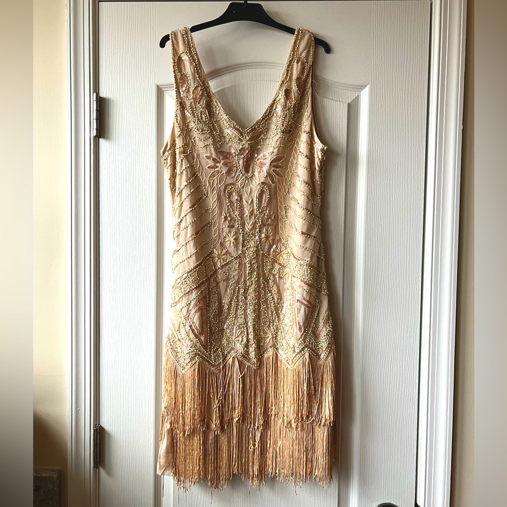 Deep-V Mini Dress with fringe
